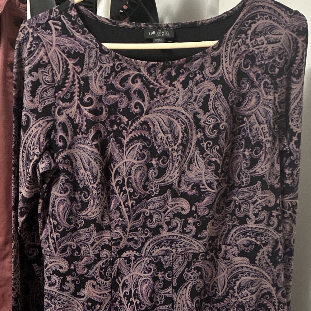 J.Jill Wearever Shift Dress S Purple Black Paisley Scoop Neck Long Sleeve Knit